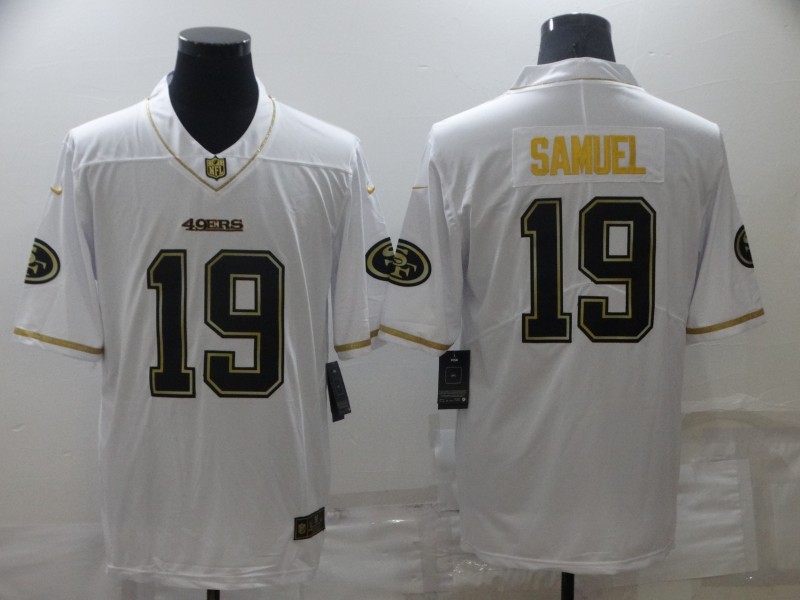 Men San Francisco 49ers 19 Samurl White Nike 2022 White Retro gold characters NFL Jersey